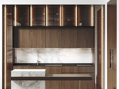 Modern Kitchen Interior With Wooden Cabinets And Marble Countertop Lighting 3d model