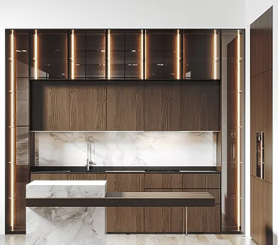 Modern Kitchen Interior With Wooden Cabinets And Marble Countertop Lighting 3d model