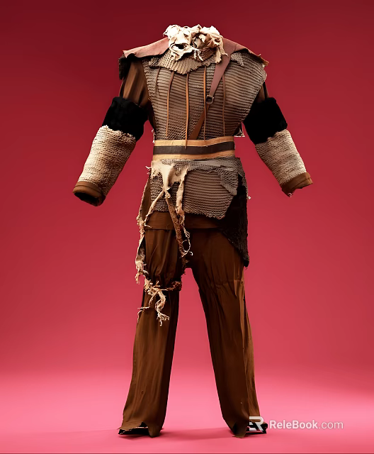 Brown Outfit With Black Sleeves Waist Belt And Tassels On Red Background 3d model 