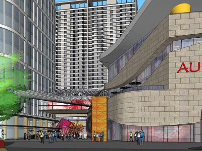 Modern Commercial Street With Pedestrians Modern Buildings Glass Facades And Yellow Circular Structure 3d model