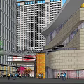Modern Commercial Street With Pedestrians Modern Buildings Glass Facades And Yellow Circular Structure
