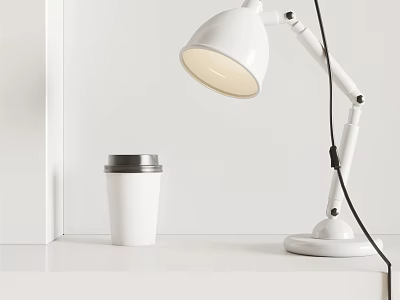 White Adjustable Table Lamp With Round Shade On White Tabletop And Minimalist Background 3d model