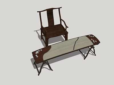 Traditional Dark Wooden Chinese Chair And Patterned Bench Furniture Design 3d model
