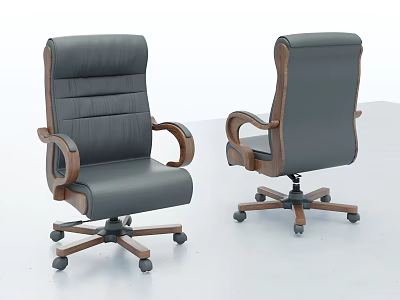 High Back Leather Office Chair With Wooden Armrests And Swivel Wheel Base 3d model