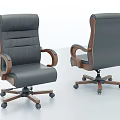 High Back Leather Office Chair With Wooden Armrests And Swivel Wheel Base