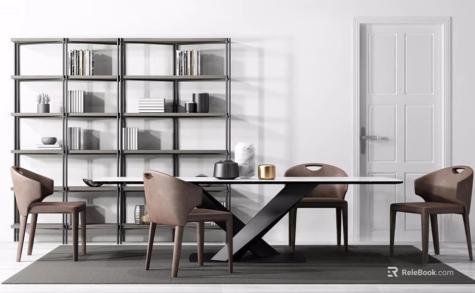 Modern Dining Table Set With Brown Upholstered Chairs And Open Shelving Unit 3d model