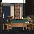 Vintage Hotel Guest Room Interior With Brick Wall Decorative Posters And Wooden Furniture