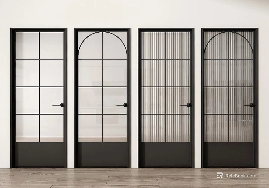 Modern Interior Black Framed Hinged Doors With Arch Top And Grid Glass Panels 3d model 