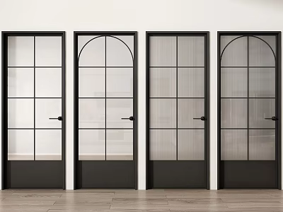 Modern Interior Black Framed Hinged Doors With Arch Top And Grid Glass Panels 3d model