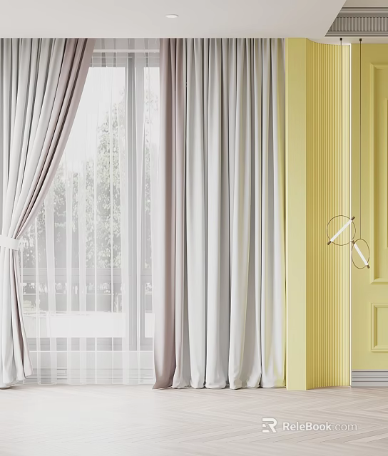 Light Gray Curtains With Sheer White Panels And Yellow Door Background 3d model 