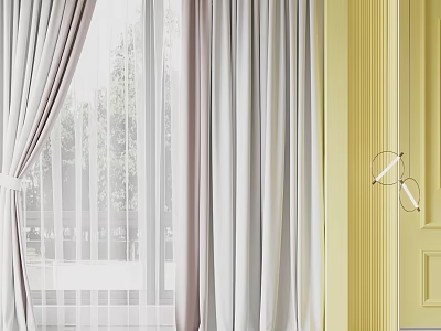 Light Gray Curtains With Sheer White Panels And Yellow Door Background 3d model