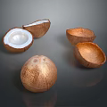 Whole and Halved Fresh Coconut with White Meat and Empty Shells 3d model