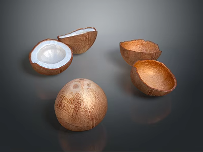 Whole and Halved Fresh Coconut with White Meat and Empty Shells 3d model