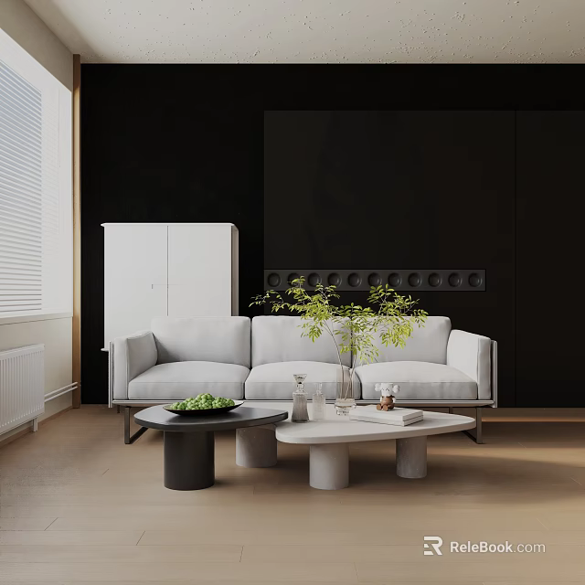 Modern Living Room with Three Seater White Sofa Black Cabinet Wooden Floor and Coffee Tables 3d model 