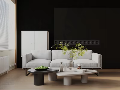 Modern Living Room with Three Seater White Sofa Black Cabinet Wooden Floor and Coffee Tables 3d model