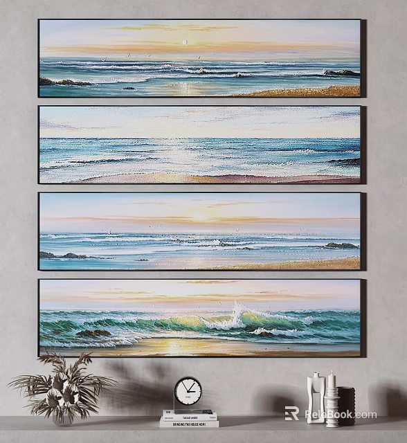 Four Panel Seascape Landscape Paintings With Waves Beach And Sunset 3d model