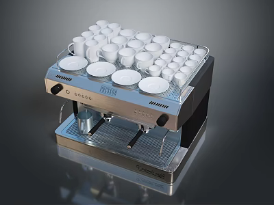 Modern Stainless Steel Coffee Machine With Multiple White Cups On Top 3d model