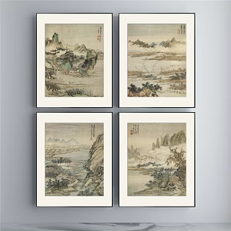 Chinese Landscape Painting Brown Hallway Water Landscape Decoration Painting 3d model