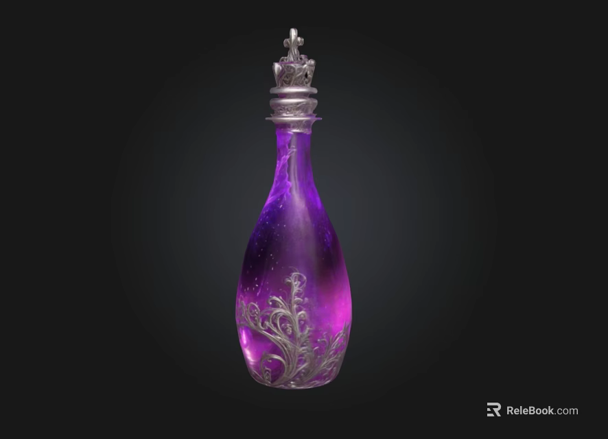 Decorative Glass Bottle Featuring Purple Pink Gradient And Silver Floral Patterns With Crown Cap 3d model 