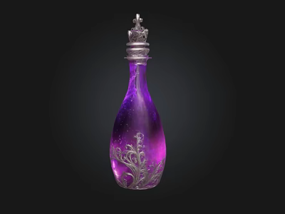 Decorative Glass Bottle Featuring Purple Pink Gradient And Silver Floral Patterns With Crown Cap 3d model