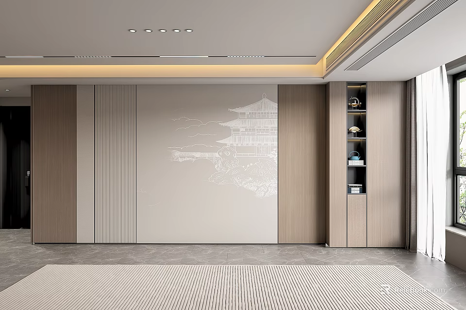 Modern Sofa Backdrop Wall With Light Tones Linear Design And Wooden Display Cabinets 3d model