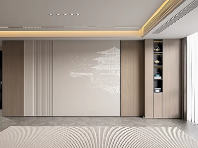 Modern Sofa Backdrop Wall With Light Tones Linear Design And Wooden Display Cabinets 3d model