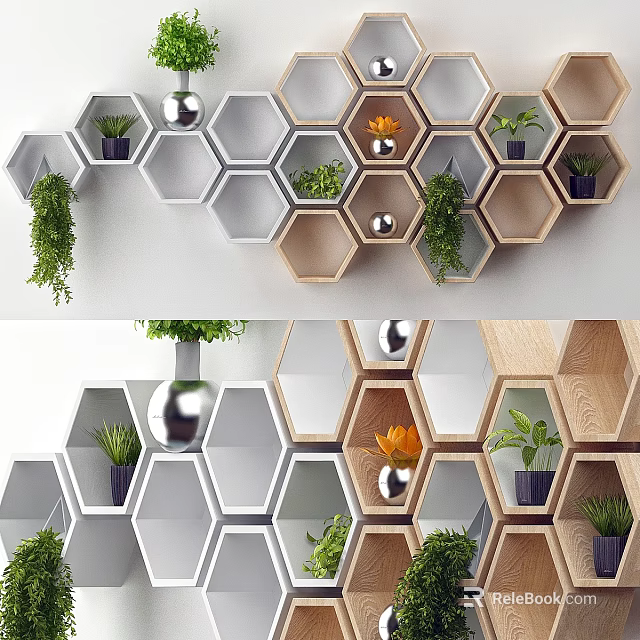 Hexagonal Wall Decor with Gray and Wooden Shelves Plants Silver Spherical Ornaments and Vase 3d model 