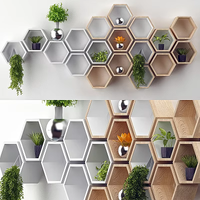 Hexagonal Wall Decor with Gray and Wooden Shelves Plants Silver Spherical Ornaments and Vase 3d model