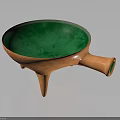 Clay Ceramic Vessel With Green Interior Orange Exterior Three Legs And Long Spout Handle