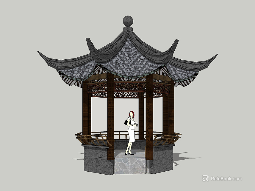 Traditional Chinese Pavilion With Wooden Structure Pagoda Roof And Woman Standing 3d model 