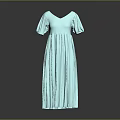 Elegant Teal V Neck Pleated Dress With Puffed Sleeves And Long Flowy Design
