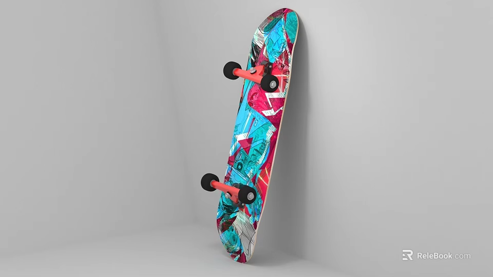 Vibrant Colorful Graphic Skateboard With Modern Design And Black Red Wheels 3d model 