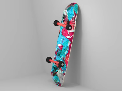 Vibrant Colorful Graphic Skateboard With Modern Design And Black Red Wheels 3d model