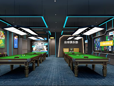 Modern Billiard Room Interior Design With Green Tables Blue Lighting And Spacious Layout 3d model