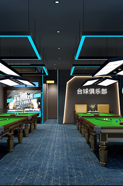 Modern Billiard Room Interior Design With Green Tables Blue Lighting And Spacious Layout 3d model