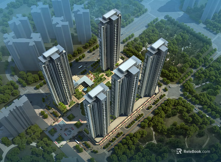 Modern High Rise Residential Towers With Green Surroundings And Landscaped Areas 3d model 