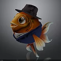 Orange Goldfish Wearing Brown Hat And Blue Suit With White Collar