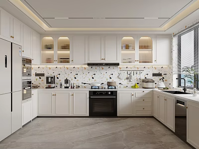 Modern Kitchen Interior With White Cabinets Appliances Tile Backsplash And Marble Countertops 3d model