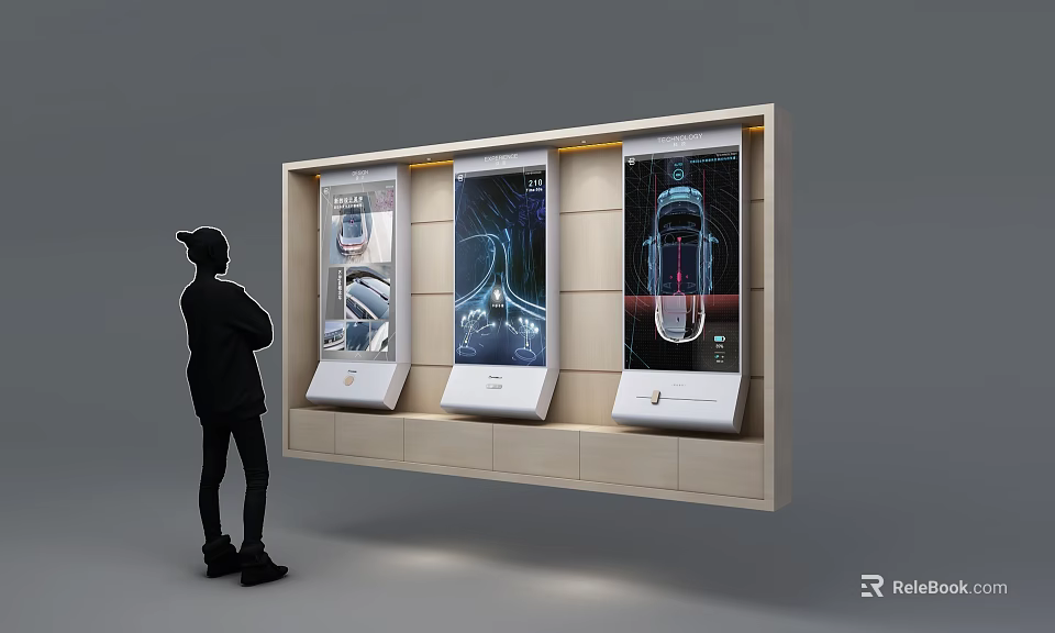 Person Standing In Front Of Three Side By Side Tech Product Display Screens 3d model 