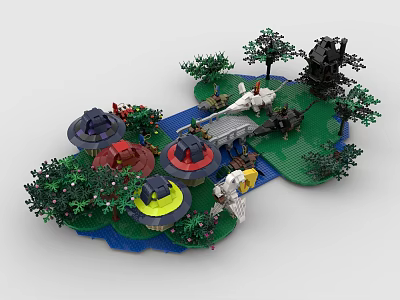 Creative Building Blocks Scene Featuring Colorful Round Structures Green Trees Blue River Bridge And Swan 3d model