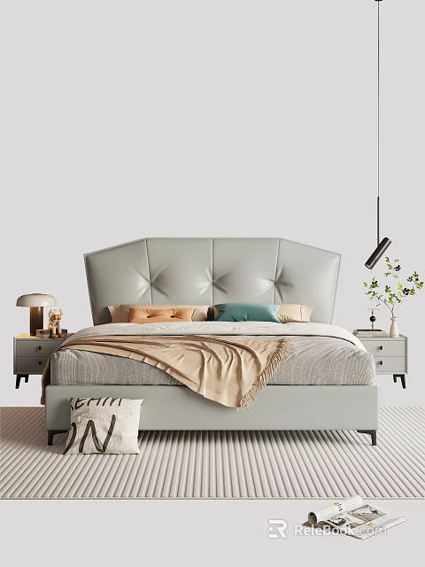 Double Bed with Light Gray Leather Headboard Diamond Stitching Orange Green Beige Pillows and Nightstands 3d model 