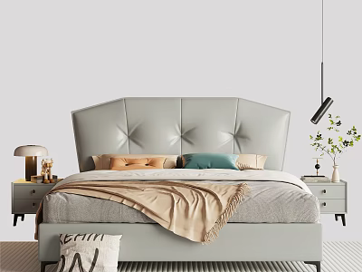 Double Bed with Light Gray Leather Headboard Diamond Stitching Orange Green Beige Pillows and Nightstands 3d model