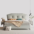 Double Bed with Light Gray Leather Headboard Diamond Stitching Orange Green Beige Pillows and Nightstands