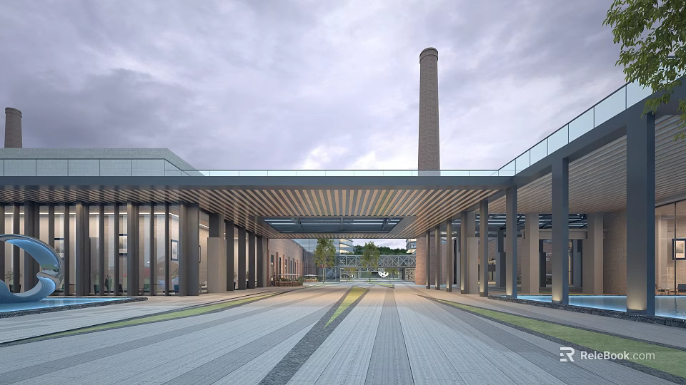 Modern Industrial Factory Building With Tall Chimney Glass Curtain Walls And Wood Metal Roof 3d model 