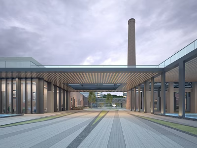 Modern Industrial Factory Building With Tall Chimney Glass Curtain Walls And Wood Metal Roof 3d model