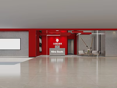 Modern Storefront Reception Desk for Nine Beds with Red Accents and Lobby Area 3d model