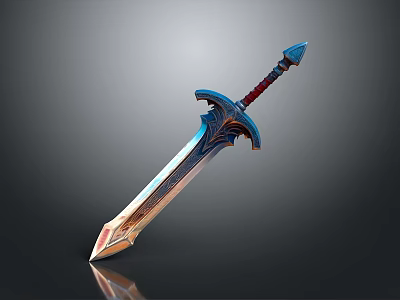 Fantasy Sword With Metallic Blade Red Hilt And Blue Decorative Design 3d model