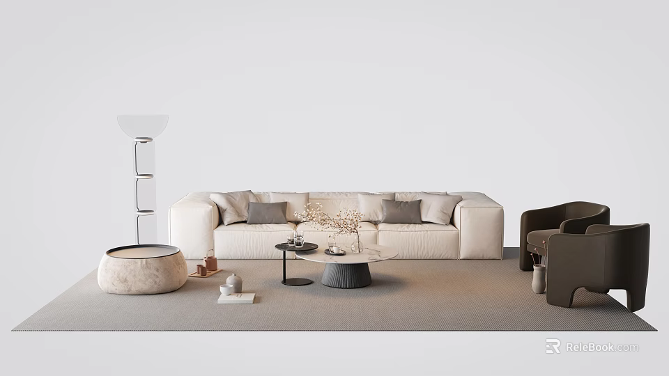 Minimalist Beige Sofa And Coffee Table Set With Cushions Floor Lamp Armchair And Decorative Rug 3d model 