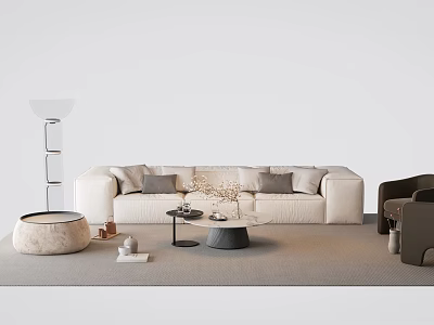 Minimalist Beige Sofa And Coffee Table Set With Cushions Floor Lamp Armchair And Decorative Rug 3d model