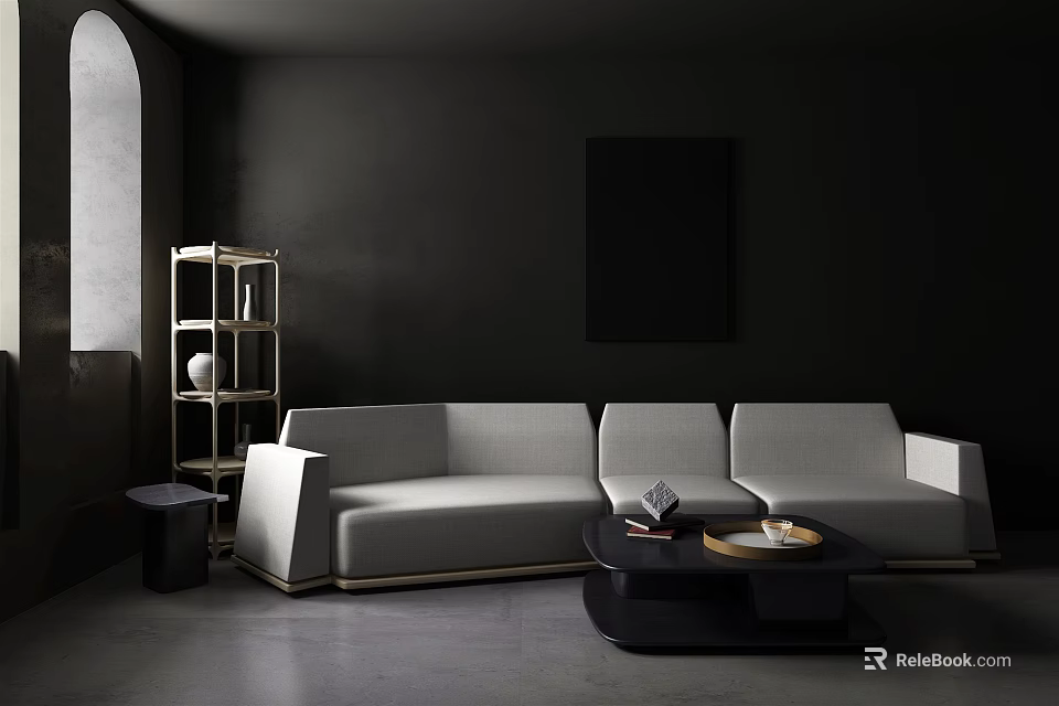 Minimalist Gray Sofa And Black Coffee Table Set In Modern Dark Interior Design 3d model 